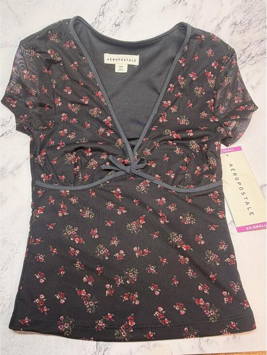 Aeropostale Tops - Aeropostale Mesh Crop Top XXS Floral Sheer V Neck Tie Front Baby Tee NWT